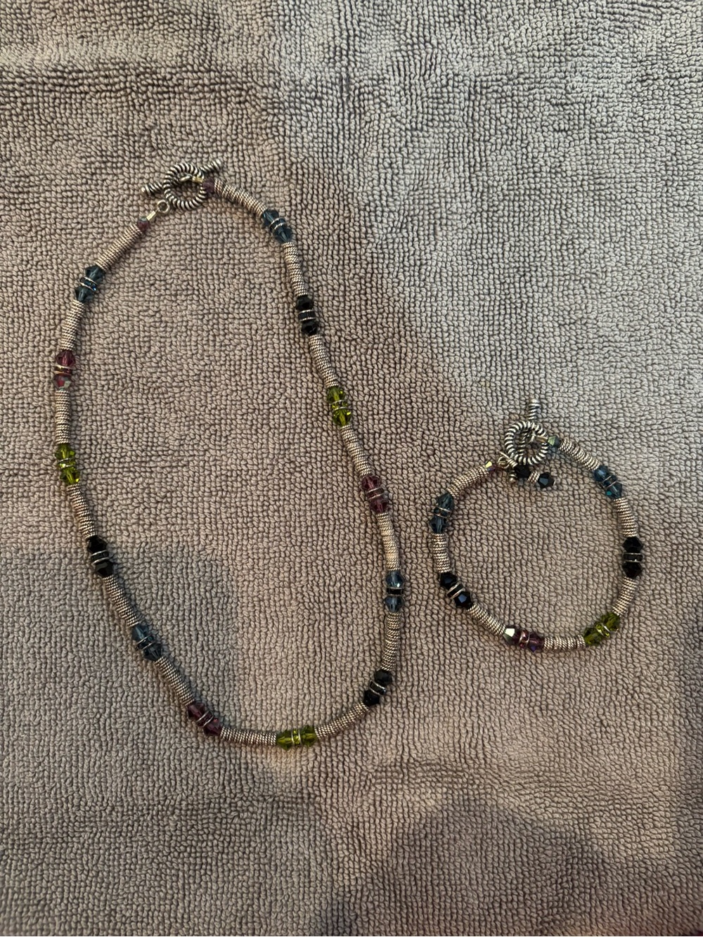 Multicolor Beaded Necklace and Bracelet Set - Silver Tone